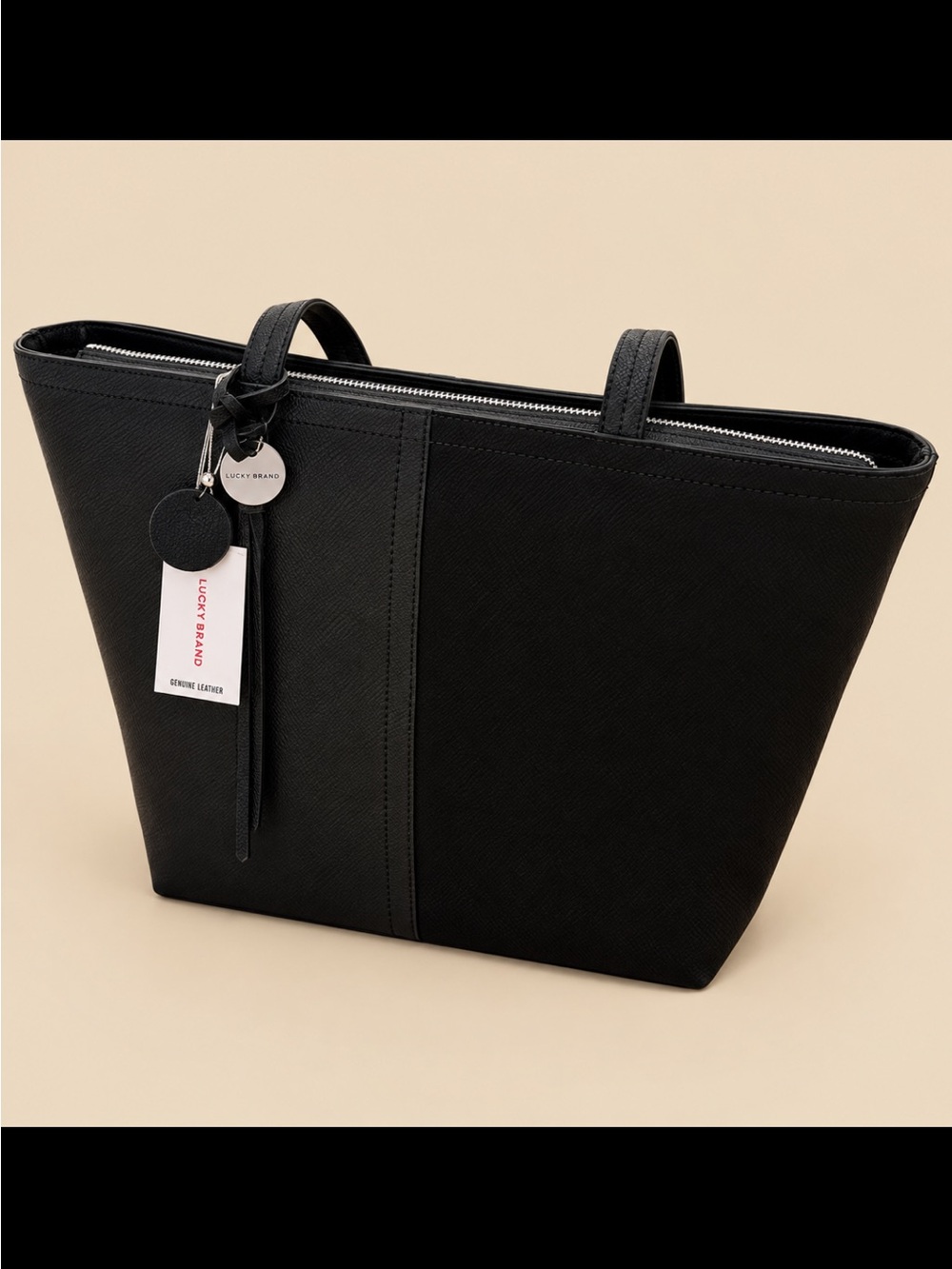 Lucky Brand Black Suede and Leather Tote with Charm, 17 inches x 10.5.